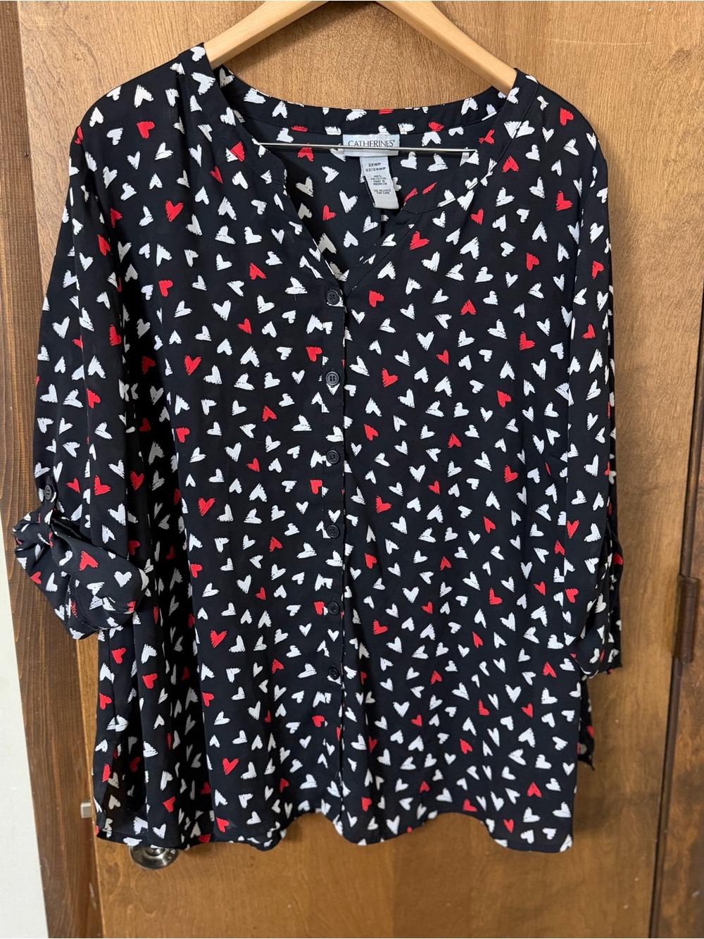 Catherines 2X WP Black Button-Front Blouse with Red & White Heart Print